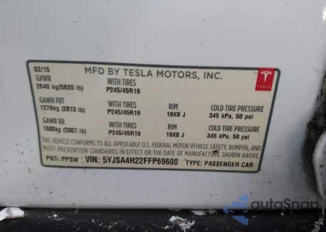 2015 Tesla Model S 70D/85D/P85D из США, поврежденный, VIN 5YJSA4H22FFP69600